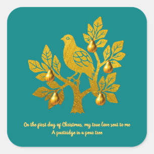 Partridge In A Pear Tree Teal Golden Christmas Square Sticker