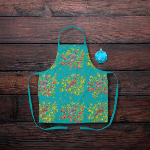 Partridges, pear trees, and snowflakes blue apron
