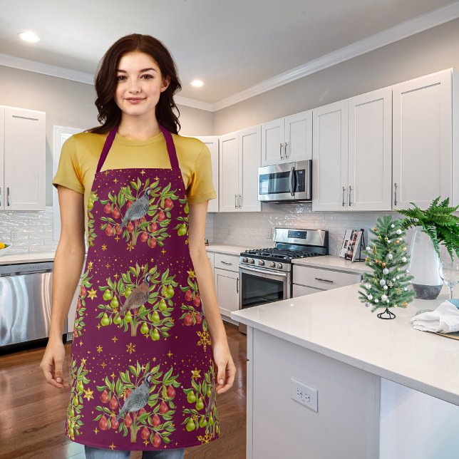 Partridges, pear trees, and snowflakes burgundy apron (Creator Uploaded)