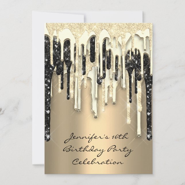 Party 16th Bridal Shower Black  Glitter Drips  Invitation (Front)