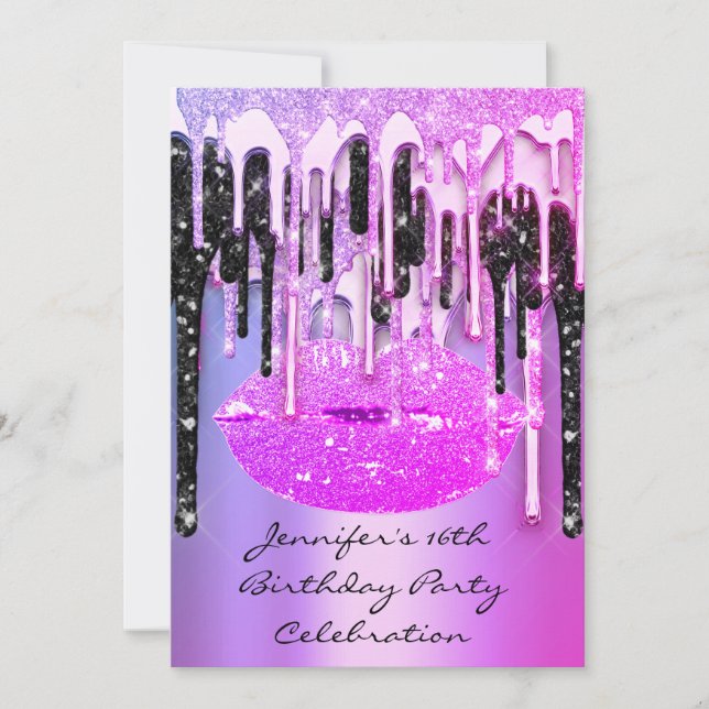 Party 16th Lips Kiss Black Pinky Glitter Drips Invitation (Front)