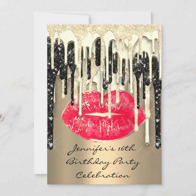 Party 16th Lips Kiss Black Red Glitter Drips Invitation (Front)