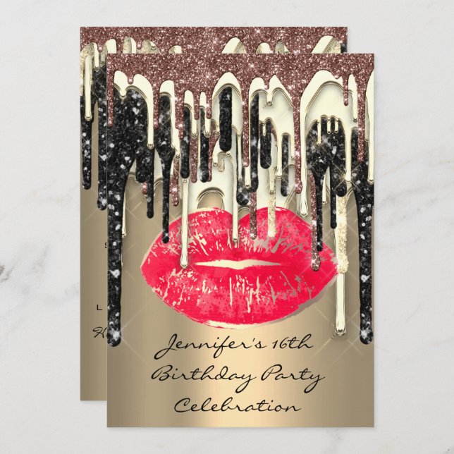 Party 16th Lips Kiss Brown Red Glitter Drips Invitation (Front/Back)