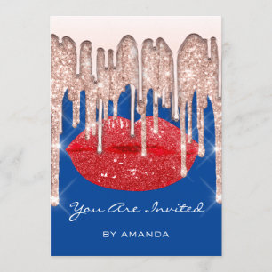 Party 16th Red Kiss Lips Rose Glitter Blue Invitation