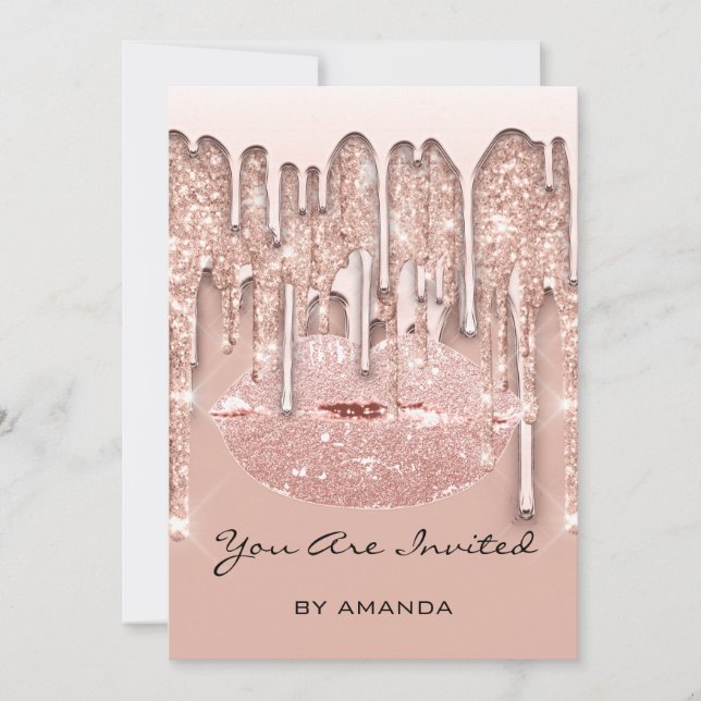 Party 16th Red Kiss Lips Rose Glitter Drips Spark Invitation (Front)