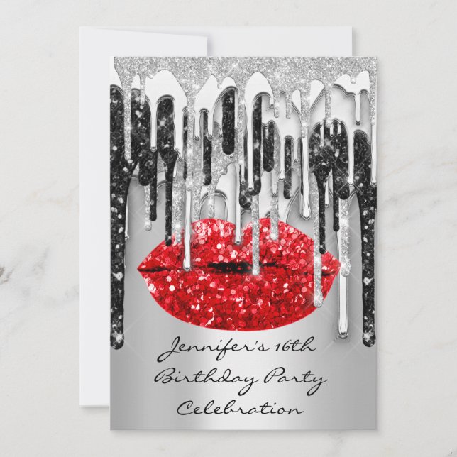 Party 16th Red Lips Kiss Black Grey Glitter Drips  Invitation (Front)