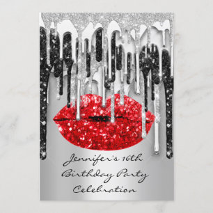 Party 16th Red Lips Kiss Black Grey Glitter Drips  Invitation