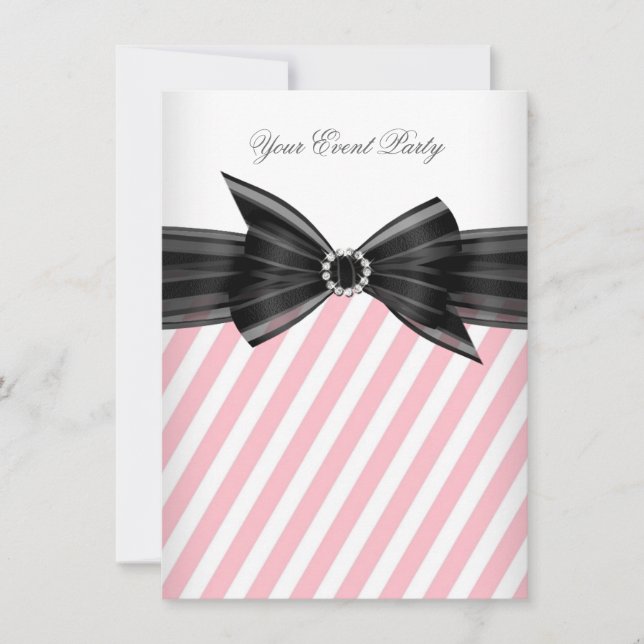 Party All Occasion Pink Black White Stripe Invitation (Front)