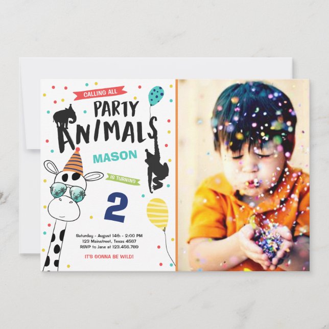 Party Animal Birthday Invitation Zoo Wild Black (Front)