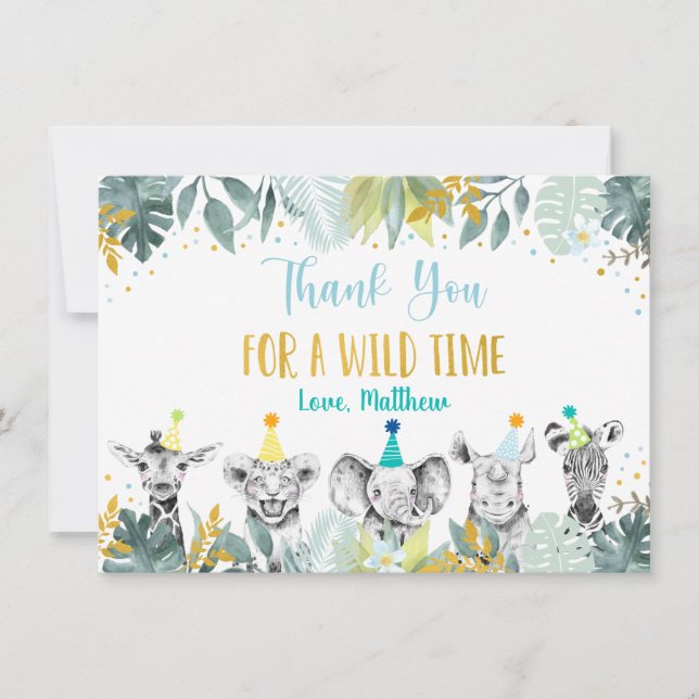 Party Animal Blue Gold Safari Birthday Thank You Card (Front)