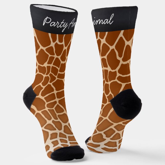 "Party Animal" Brown Giraffe Spots Fun Animal Legs Socks (Angled)