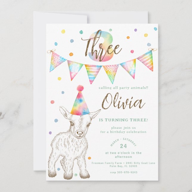 Party Animal Goat 3rd Birthday Invitation Kids (Front)