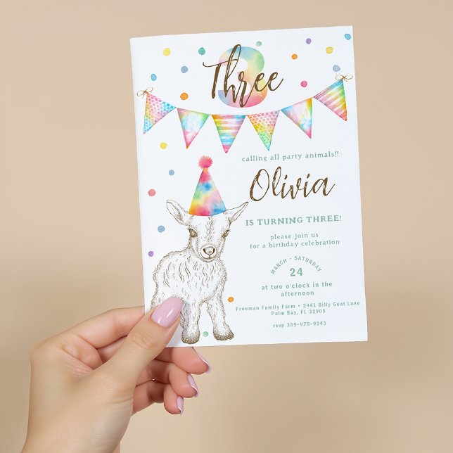 Party Animal Goat 3rd Birthday Invitation Kids (3rd Birthday Party Invite)