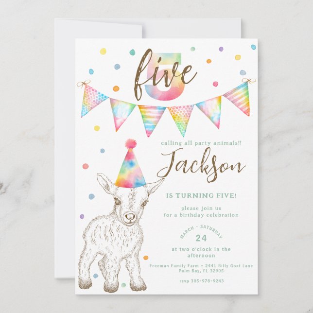 Party Animal Goat 5th Birthday Invitation for Kids (Front)