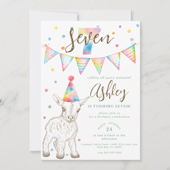 Party Animal Goat 7th Birthday Invite for Kids (Front)