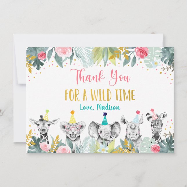 Party Animal Pink Gold Safari Birthday Thank You Card (Front)
