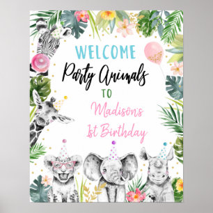 Party Animal Pink Gold Tropical Birthday Welcome Poster