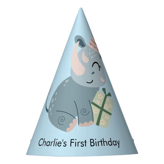 Party Animal Rhino with Gifts, Birthday Party Hat (Front)