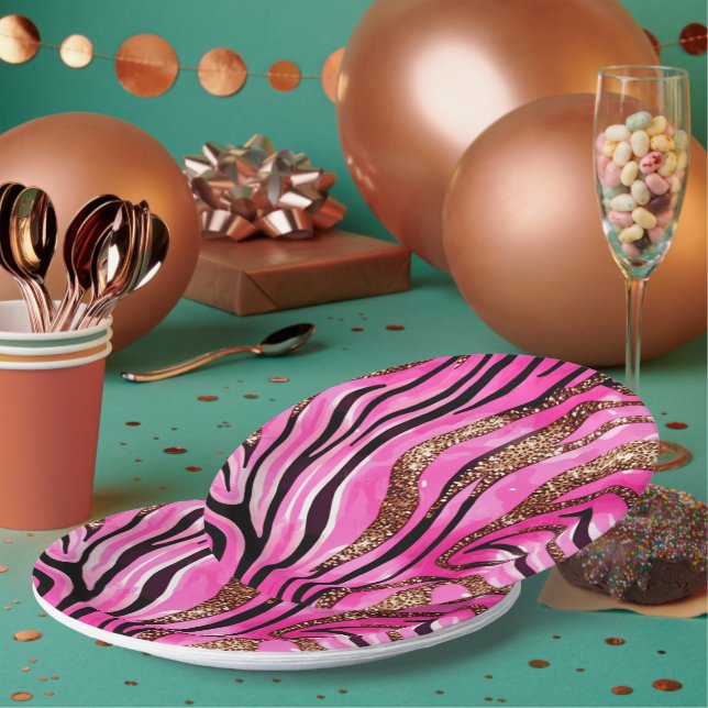 Party Animal Tiger Print Paper Cup, Pink Glitter Plate (Multi)