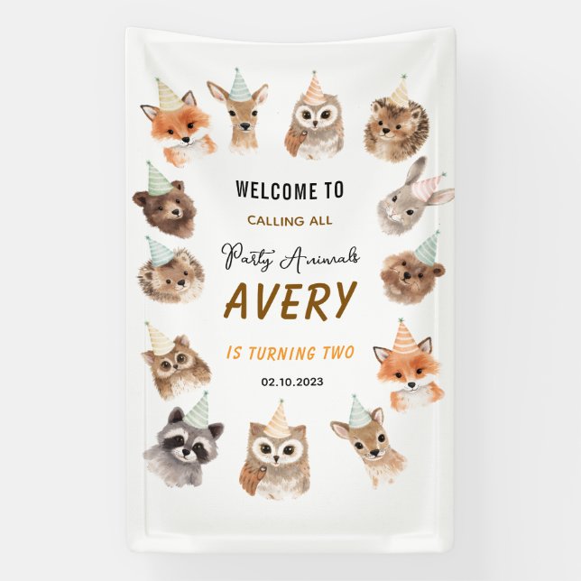 Party Animals 2nd Birthday | Cute Jungle Animal Banner (Vertical)