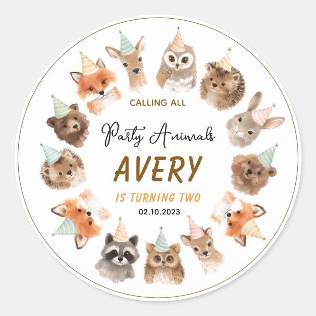 Party Animals 2nd Birthday | Cute Jungle Animal Classic Round Sticker (Front)