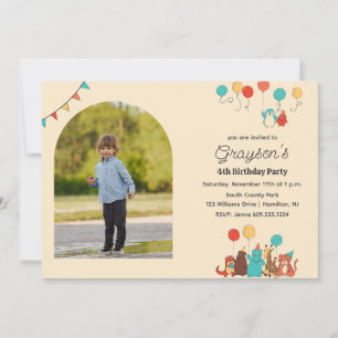 Party Animals and Arch Shaped Photo Kids Birthday Invitation