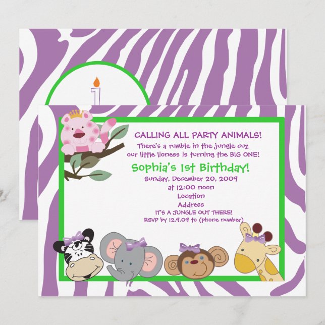 PARTY ANIMALS Baby Girl 1st Birthday Jungle 5x7 Invitation (Front/Back)