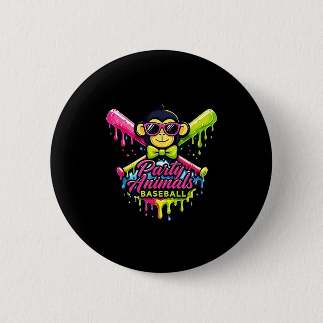 Party animals baseball funny monkey  6 cm round badge (Front)