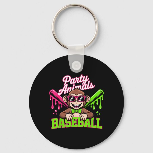 Party Animals Baseball Funny Monkey Key Ring (Front)