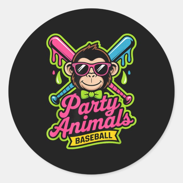 Party animals baseball funny monkey vibrant slime  classic round sticker (Front)