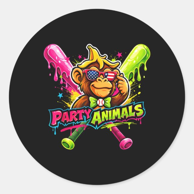 Party Animals Baseball Funny Monkey Vibrant Slime Classic Round Sticker (Front)
