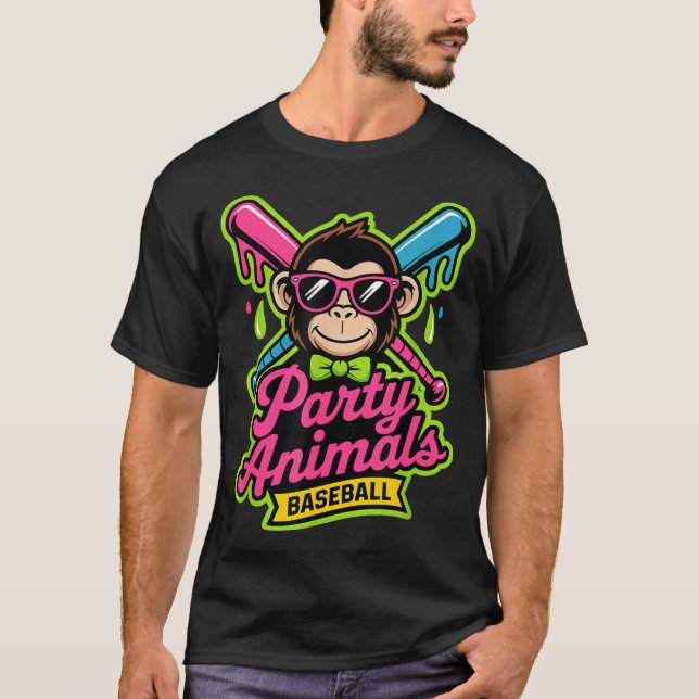 Party animals baseball funny monkey vibrant slime  T-Shirt (Front)