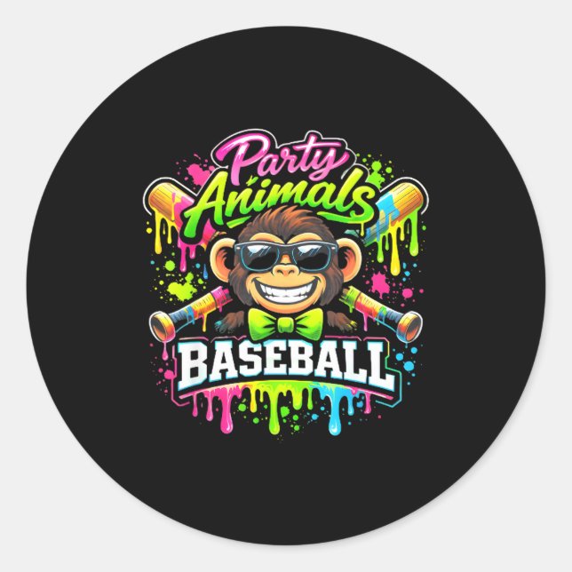 Party animals baseball ice cream drip funny monkey classic round sticker (Front)