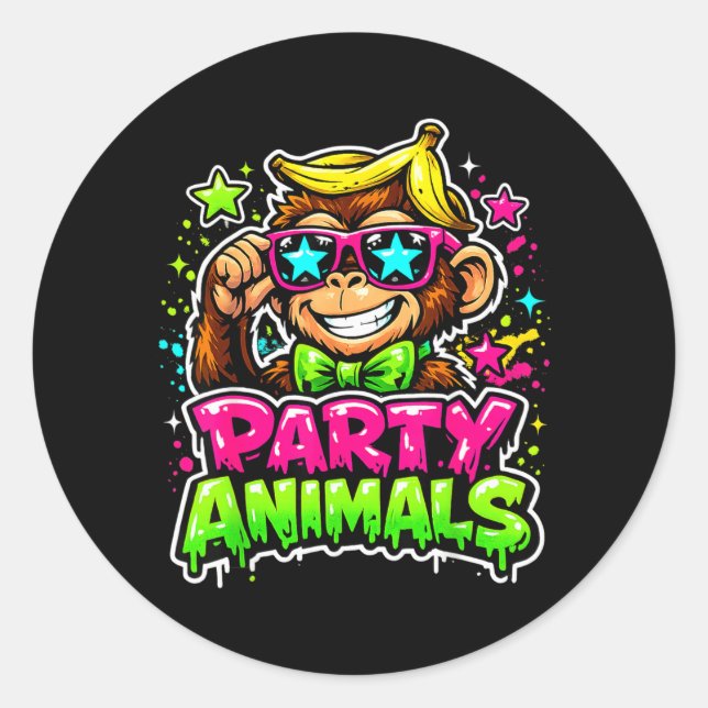 Party Animals Baseball Jersey Funny Monkey Vibrant Classic Round Sticker (Front)