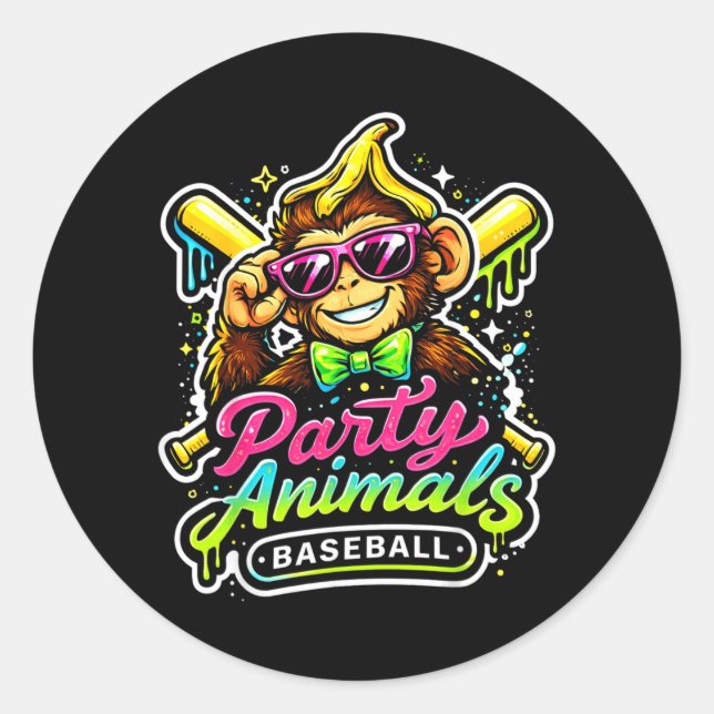 Party Animals Baseball Jersey Funny Monkey Vibrant Classic Round Sticker (Front)
