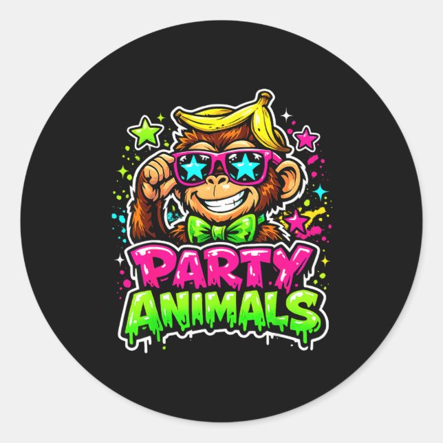 Party animals baseball jersey funny monkey vibrant classic round sticker (Front)