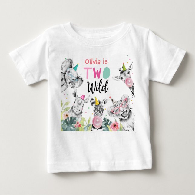 Party Animals Birthday Girl Two Wild 2nd Birthday Baby T-Shirt (Front)