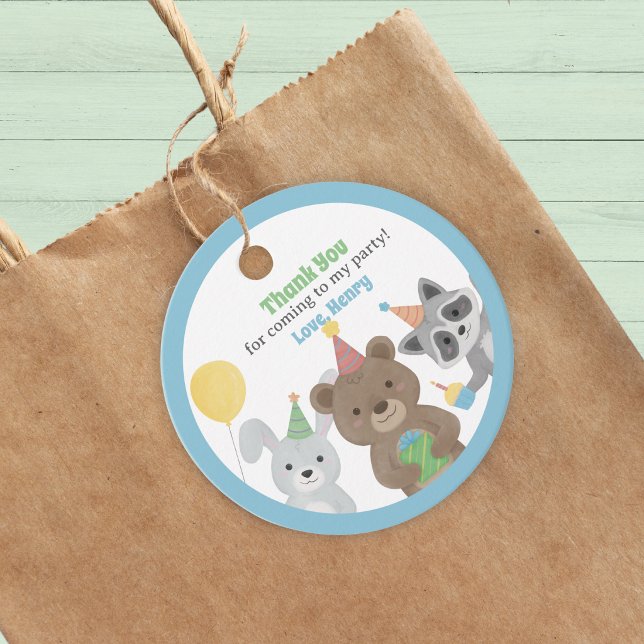Party Animals Birthday PArty Favour Tags (Forest Friends party favor tag. A circular tag to attach to gifts. Cute party animals & custom text)