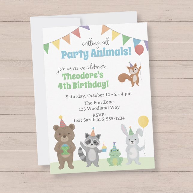 Party Animals Birthday Party Invitation (Party Animals Birthday Party Invitation with forest animals wearing party hats)