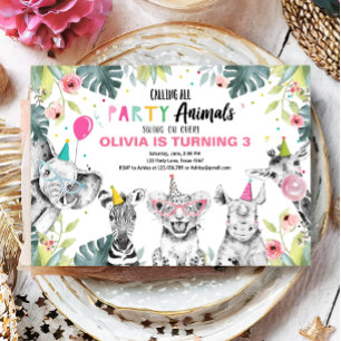 Party Animals Birthday Safari Girl Wild Animals Invitation