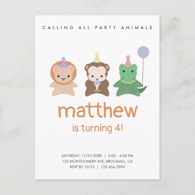 Party Animals Birthday Simple Invitation Postcard (Front)