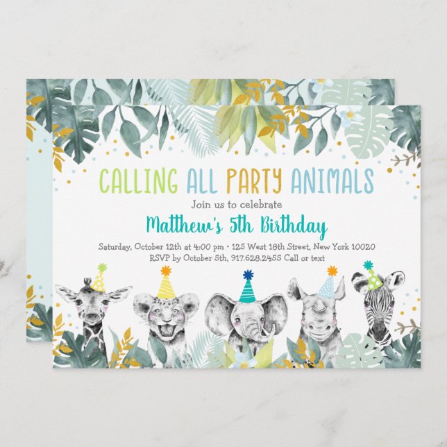 Party Animals Blue Gold Safari Birthday Invitation (Front/Back)