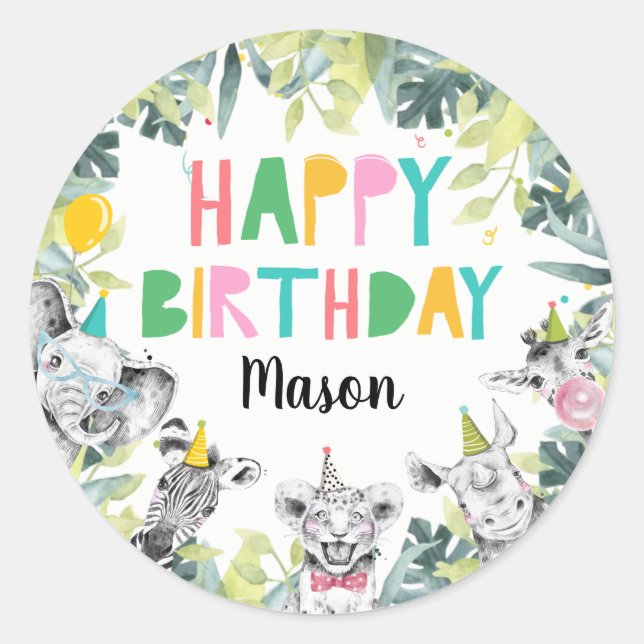 Party Animals Boy Safari Animals Birthday Party Classic Round Sticker (Front)