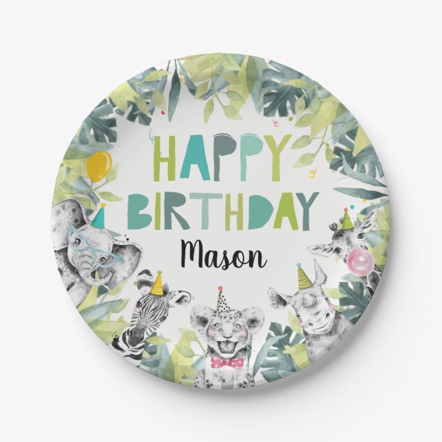 Party Animals Boy Safari Animals Birthday Party Paper Plate (Front)