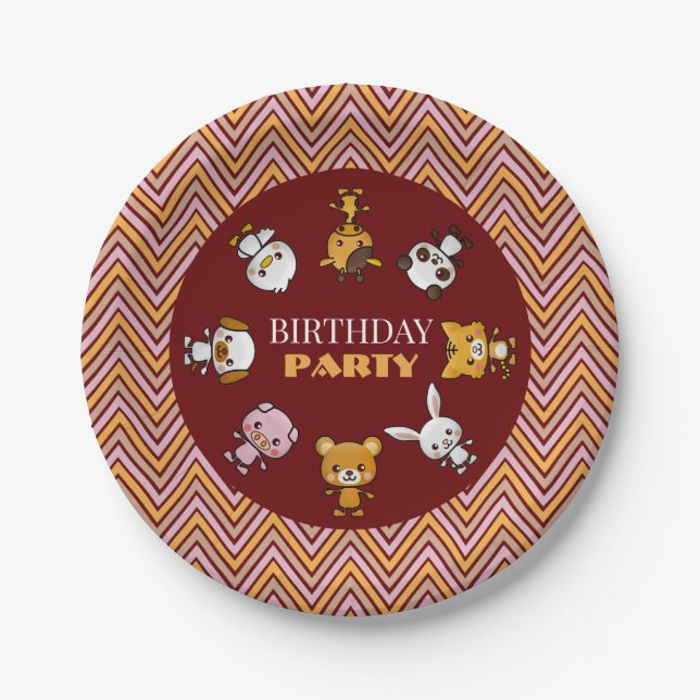 Party Animals, Chevron Birthday Party Paper Plate (Front)