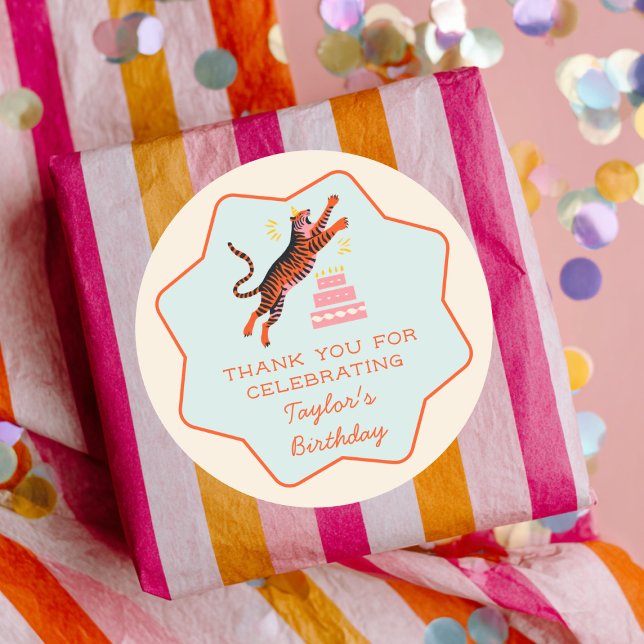 Party Animals Colourful Tiger Kids Birthday Classic Round Sticker (Creator Uploaded)