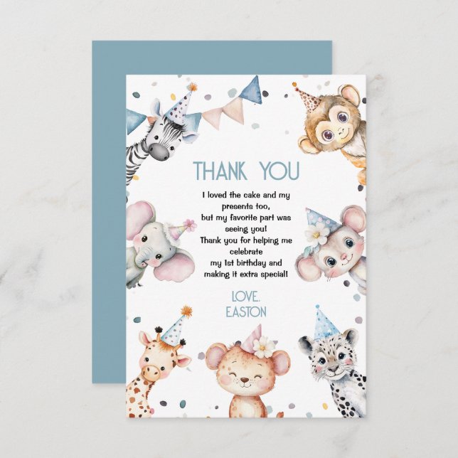 Party animals cute safari boy birthday party thank you card (Front/Back)