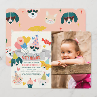 Party Animals Dogs & Cat Balloons Birthday Photo Invitation
