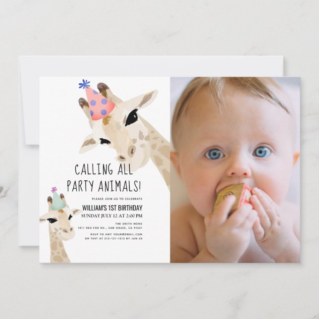Party Animals Giraffe Photo 1st Birthday Invitation (Front)