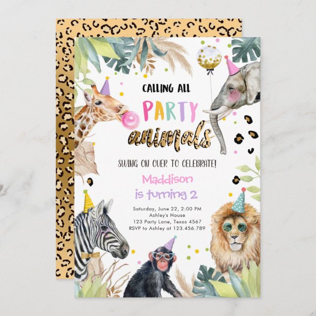 Party Animals Girl Safari Birthday Leopard Zoo Invitation (Front/Back)